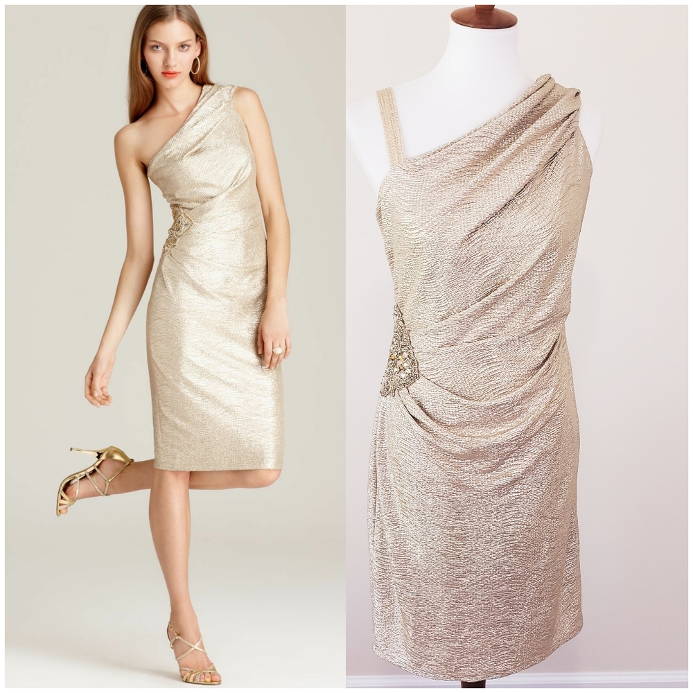 David Meister Gold Metallic One Shoulder Dress Cocktail Beaded Ruched Size 10